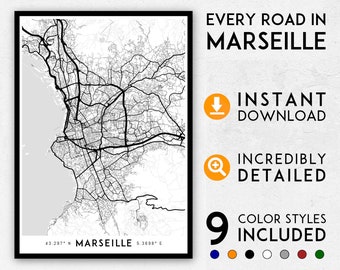 Impression de carte de Marseille, impression de Marseille, plan de la ville de Marseille, carte de France, affiche de Marseille, art mural de Marseille, carte de Marseille, art de Marseille