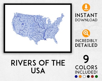 USA River Map Art Print: Detailed America Poster (Digital Download)