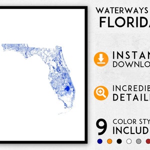 Florida kaart afdrukken, Florida afdrukken, stadskaart Florida, Florida poster, Florida kunst aan de muur, kaart van Florida, Florida art print, Florida waterwegen
