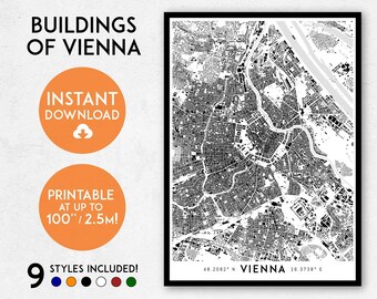 Gedetailleerde kunstdruk kaart Wenen: stadsgezicht van Oostenrijk (digitale download)