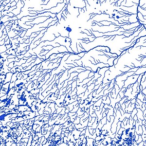 Peut inclure: Une carte d&eacute;taill&eacute;e d'un r&eacute;seau fluvial avec des lignes bleues repr&eacute;sentant les cours d'eau. La carte montre un r&eacute;seau de rivi&egrave;res et de ruisseaux qui se ramifient &agrave; partir d'une source centrale.