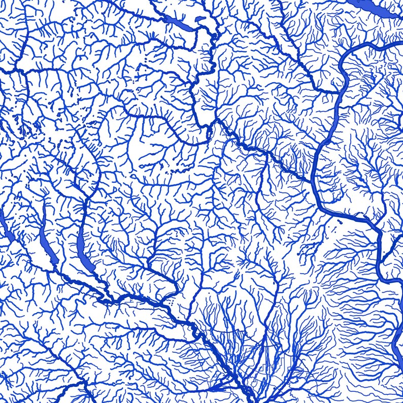 May include: A detailed blue and white map of a river system. The map shows the intricate network of waterways, including tributaries and branches, flowing through a landscape.
