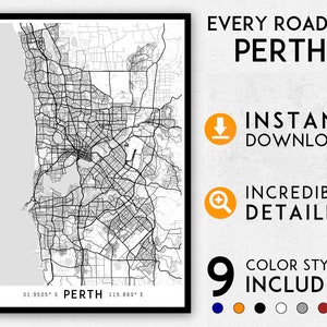 Puede incluir: Un mapa en blanco y negro de Perth, Australia, con todas las carreteras y calles etiquetadas. El mapa está enmarcado en un marco negro y tiene las coordenadas 31.9505° S, 115.860° E y el texto "EVERY ROAD IN PERTH" en la parte superior. El texto "INSTANT DOWNLOAD", "INCREDIBLY DETAILED", y "9 COLOR STYLES INCLUDED" también se incluye en la imagen.