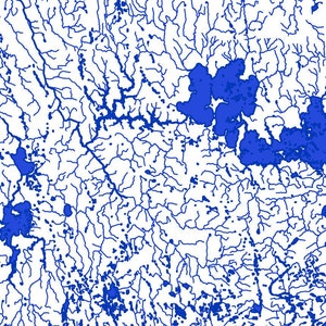 Peut inclure: Motif abstrait bleu et blanc avec un r&eacute;seau de lignes et de points. Les lignes ressemblent &agrave; un syst&egrave;me fluvial avec des affluents et des branches. Les points sont dispers&eacute;s dans tout le motif.