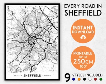 Impression d'un plan de la ville de Sheffield : routes, rues et autoroutes détaillées (téléchargement numérique)