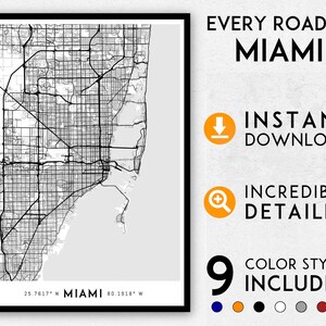 Miami-kaartafdruk, Miami-afdruk, kaart van Florida, plattegrond van Miami, Miami-poster, Miami-muurkunst, kaart van Miami, Miami-kunst, Miami-kaartposter