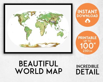 Beautiful World Map art, Printable World map print, Travel map print, World map poster, Physical map art, World map wall decal, Earth map