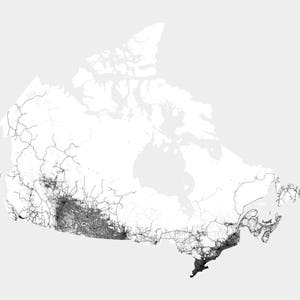 May include: A black and white map of Canada showing the major roads and highways throughout the country.