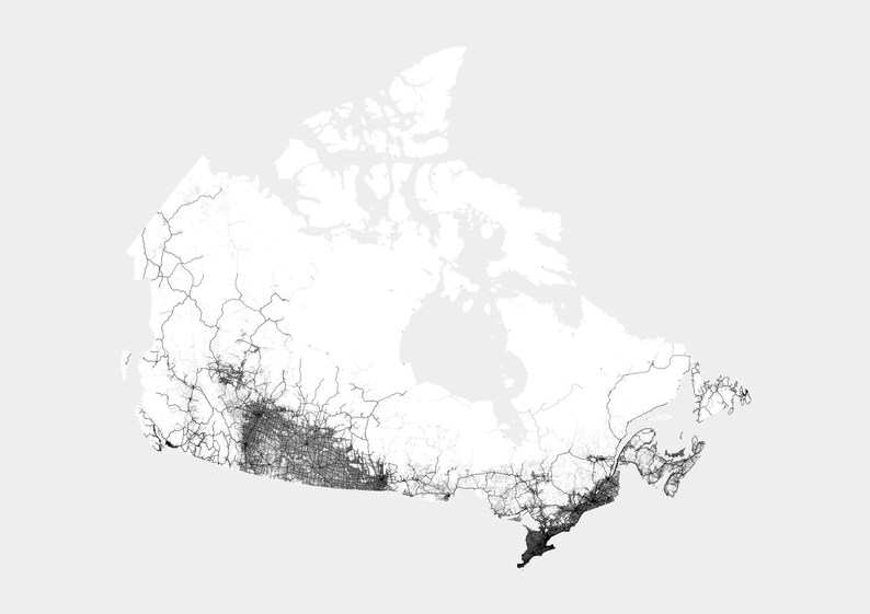 May include: A black and white map of Canada showing the major roads and highways throughout the country.
