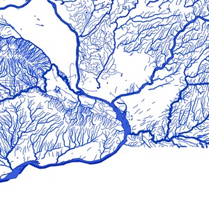 May include: A detailed map of a river system with blue lines representing the waterways. The map shows the branching and merging of rivers, creating a complex network of waterways.