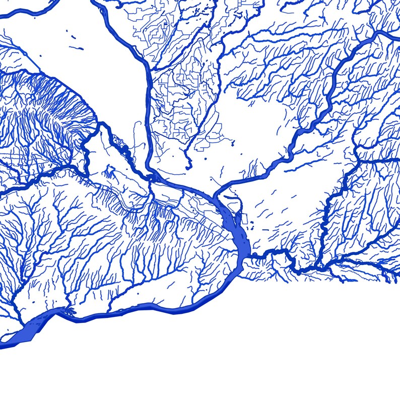 May include: A detailed map of a river system with blue lines representing the waterways. The map shows the branching and merging of rivers, creating a complex network of waterways.
