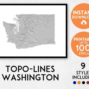 Topo-Linien Washington Karte Druck, Washington Druck, Washington Poster, minimalistische Washington Wandkunst, Karte von Washington, Washington Kunst