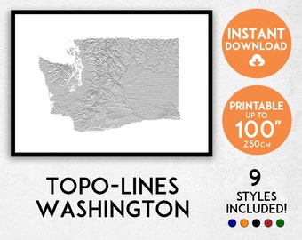 Topo-lines Washington map print, Washington print, Washington poster, Minimalist Washington wall art, Map of Washington, Washington art