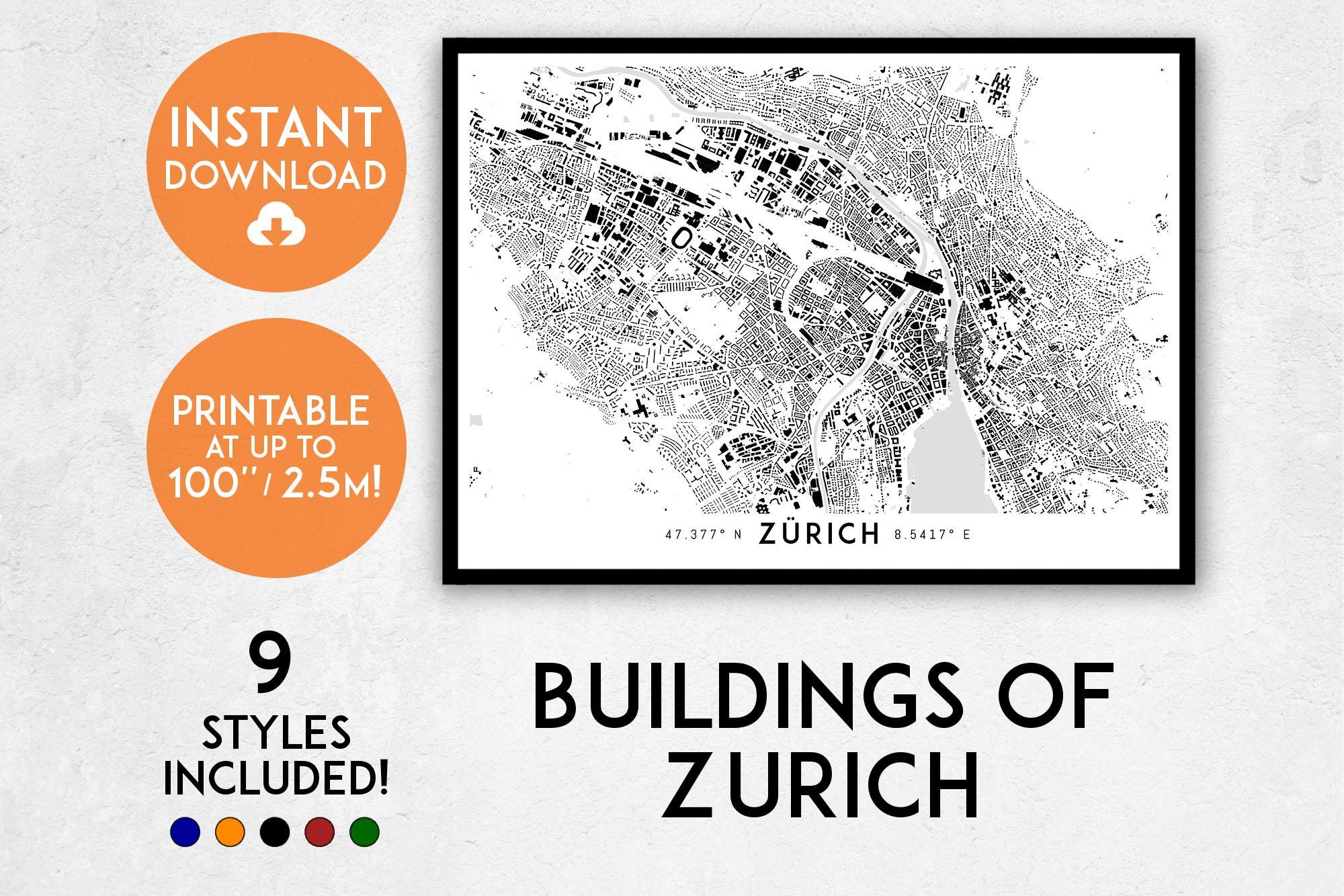 Zurich Map Print Printable Zürich Map Art Zurich Print | Etsy