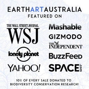 May include: A graphic featuring the logos of various publications, including The Wall Street Journal, Mashable, Gizmodo, The Independent, Lonely Planet, BuzzFeed, Yahoo!, and Space.com. The text "EARTHARTAUSTRALIA FEATURED ON" appears at the top of the graphic. The text "10% OF EVERY SALE DONATED TO BIODIVERSITY CONSERVATION RESEARCH!" appears at the bottom of the graphic.