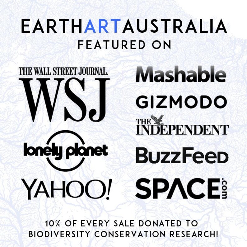 May include: A graphic featuring the logos of various publications, including The Wall Street Journal, Mashable, Gizmodo, The Independent, Lonely Planet, BuzzFeed, Yahoo!, and Space.com. The text "EARTHARTAUSTRALIA FEATURED ON" appears at the top of the graphic. The text "10% OF EVERY SALE DONATED TO BIODIVERSITY CONSERVATION RESEARCH!" appears at the bottom of the graphic.