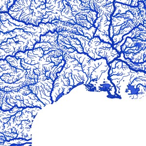 May include: A detailed map illustration featuring a network of blue river systems against a white background. The intricate lines depict various waterways, including rivers and lakes, creating a complex geographical pattern. The map's design is artistic and informative.