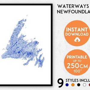 May include: A blue and white printable map of the waterways of Newfoundland. The map is available in 9 different styles and can be printed up to 100 inches.