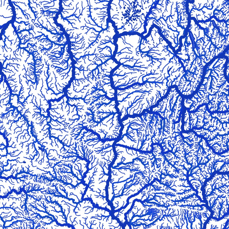 May include: A detailed blue and white illustration depicting a network of interconnected lines, resembling a map of rivers or veins. The intricate pattern covers the entire surface, creating a complex and visually engaging design. The blue lines contrast sharply against the white background.