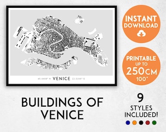Afdruk stadsplattegrond Venetië: gedetailleerde silhouetten van gebouwen (digitale download)