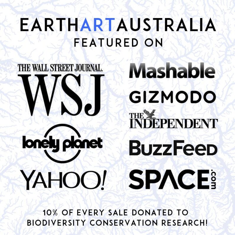 May include: Text-based graphic with the words "EARTHARTAUSTRALIA" and "FEATURED ON." Logos of media outlets such as The Wall Street Journal, Mashable, and Yahoo! are displayed. The text "10% OF EVERY SALE DONATED TO BIODIVERSITY CONSERVATION RESEARCH!" is also present.