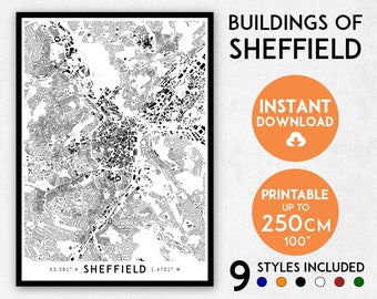 Impression de carte de la ville de Sheffield : art mural détaillé de l'Angleterre (téléchargement numérique)