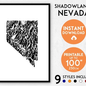Shadowlands Nevada kaart afdrukken, Nevada afdrukken, kaart van de VS, Nevada poster, Nevada kunst aan de muur, kaart van Nevada, Nevada art print, Nevada kaart poster
