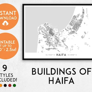 Puede incluir: Un mapa imprimible en blanco y negro de Haifa, Israel, que muestra los edificios de la ciudad. El mapa se titula "Buildings of Haifa" e incluye las coordenadas 32.7940° N y 34.9896° E. El mapa está disponible para descarga instantánea y se puede imprimir hasta 2,5 metros.