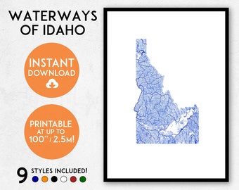 Stampa della mappa dell'Idaho: arte di fiumi e laghi (download digitale)