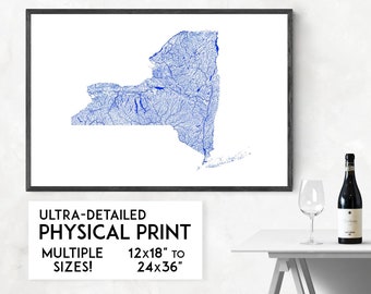 Impresión artística del mapa de las vías fluviales de Nueva York: póster detallado de ríos y lagos