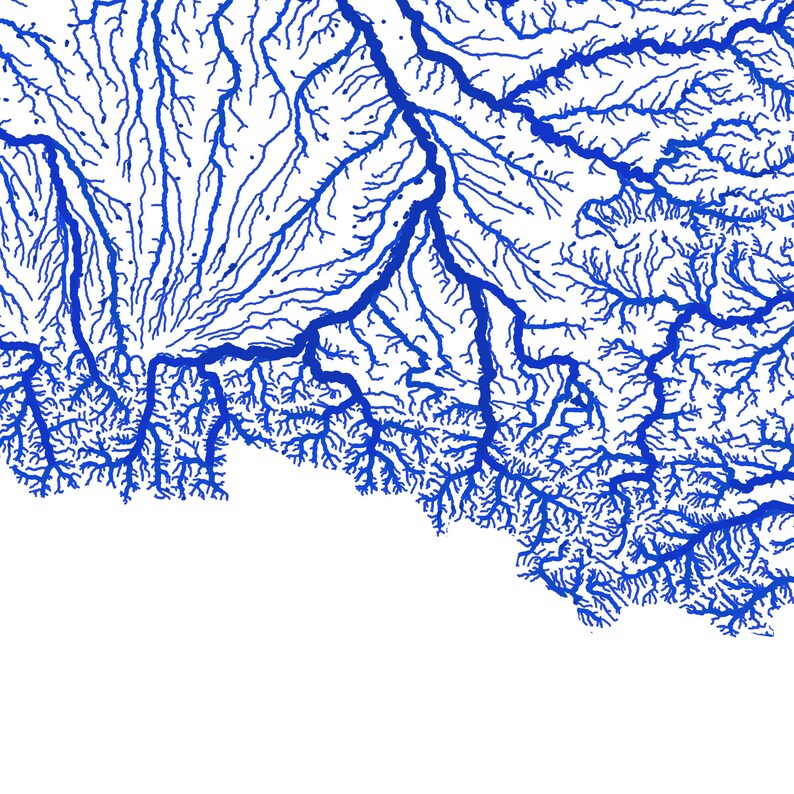 May include: A detailed blue and white map illustration. The artwork features a network of interconnected lines, resembling a river system or a topographical representation. The blue lines contrast against the white background, creating a visually striking design.
