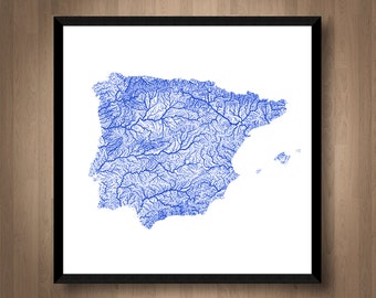 Rivers of Spain map art | Printable Portugal map print, Spain print, Portugal print, Spain poster, Portugal art, Spain wall art, Spain gift