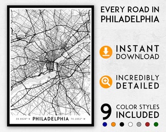 Detailed Philadelphia Map Print: Pennsylvania City Art (Digital Download)