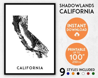 Shadowlands California map print, California print, USA map, California poster, California wall art, Map of California, California art