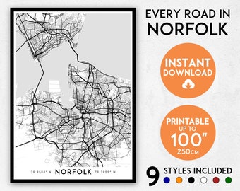 Norfolk map print, Norfolk print, Norfolk city map, Virginia map, Norfolk poster, Norfolk wall art, Map of Norfolk, Norfolk art print