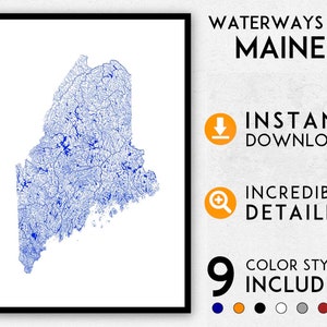 Impresión de mapa de Maine, impresión de Maine, mapa de ríos de Maine, ríos principales, póster de Maine, arte mural de Maine, mapa de Maine, impresión artística de Maine, póster de mapa de Maine