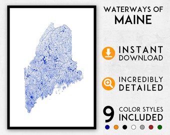 Maine map print, Maine print, Maine river map, Main rivers, Maine poster, Maine wall art, Map of Maine, Maine art print, Maine map poster