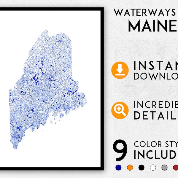 Maine map print, Maine print, Maine river map, Main rivers, Maine poster, Maine wall art, Map of Maine, Maine art print, Maine map poster