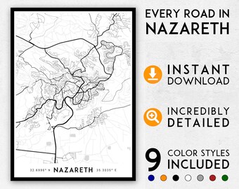 Nazareth City Map Art Print: Detailed Israel Wall Art (Digital Download)