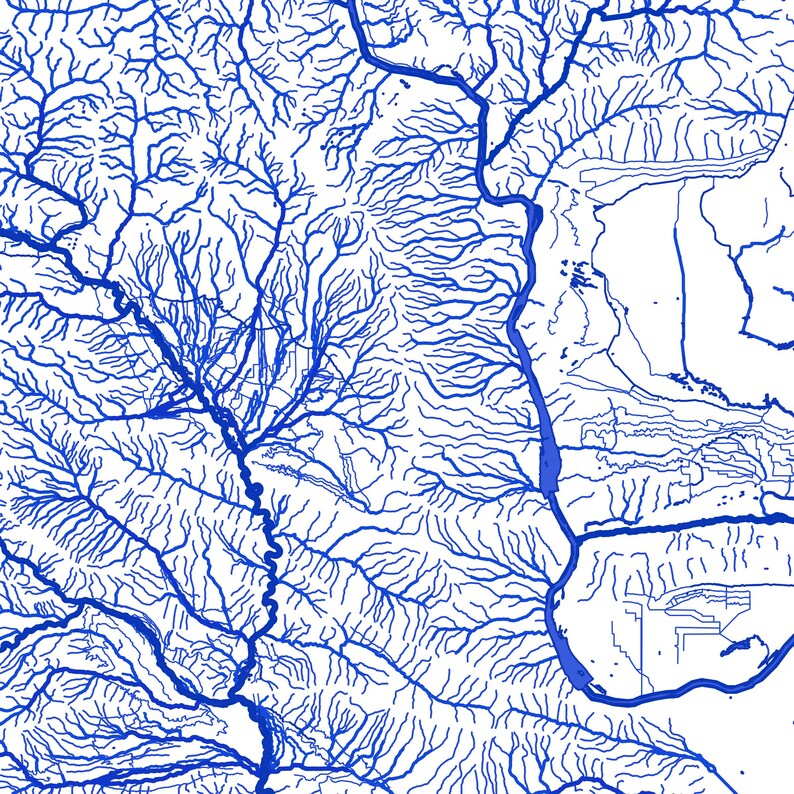 May include: A blue and white abstract print of a river system. The print shows the intricate network of waterways and tributaries.