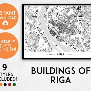 Buildings of Riga map print, Printable Riga map art, Riga print, Latvia map, Latvia print, Riga art, Riga poster, Riga wall art, Riga gift