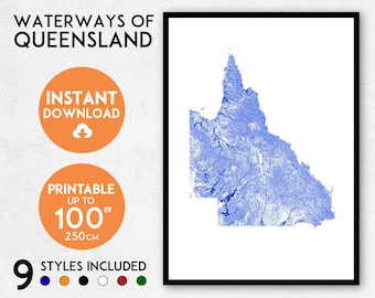 Waterways of Queensland map art | Printable Queensland map print, Queensland print, Queensland poster, Queensland art, Australia map art