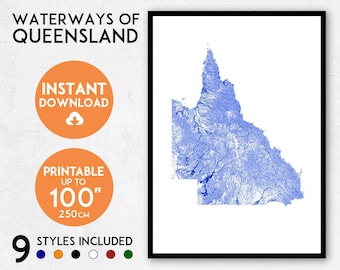 Queensland Waterways Map Art: Detailed Australia Print (Digital Download)