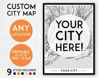 Custom city map art, Printable city map print, city print, city art, city poster, city wall art, personalised map, customisable map print