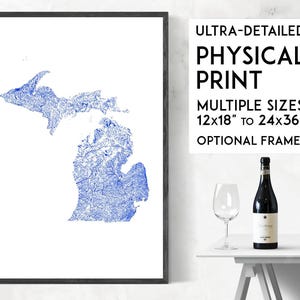 Waterways of Michigan print | Physical Michigan map print, Michigan poster, Michigan wall art, Michigan map art, Michigan art, Detroit map