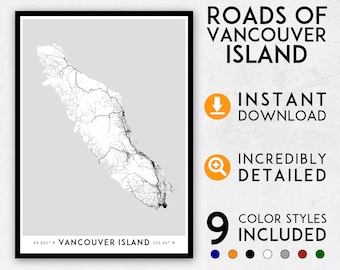 Vancouver Island Map Kunstdruck: Detaillierte Straßen von British Columbia (Digitaler Download)