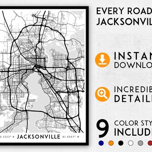 Kaart van Jacksonville afdrukken, afdrukken van Jacksonville, plattegrond van de stad Jacksonville, kaart van Florida, poster van Jacksonville, kunst van Jacksonville, kaart van Jacksonville