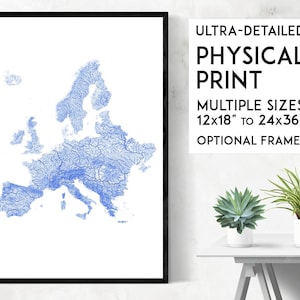 Rivieren van Europa-print | Fysieke afdruk van de kaart van Europa, Europa-poster, kunst aan de muur Europa, kunst van de kaart van Europa, kunst van Europa, kaart van Europa, rivierkaart