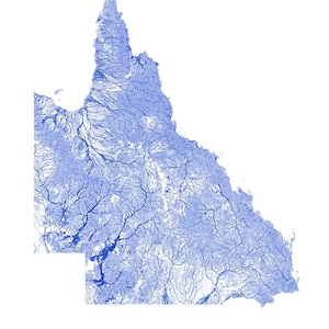 May include: A blue and white map of the state of Queensland, Australia, showing the river systems and drainage patterns.