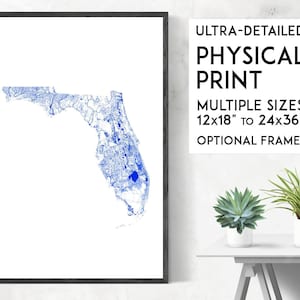 Print Waterways of Florida | Fysieke kaart van Florida, poster Florida, kunst Florida, kaartkunst Florida, kunst aan de muur Florida, cadeau Florida